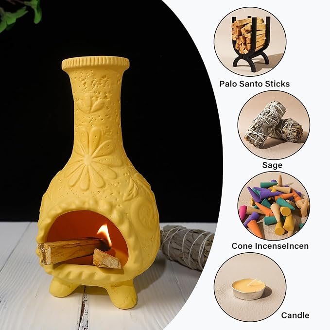 MOUGIGI Yellow Floral Reliefs Palo Santo Burner Holder-Mexican Mini Chiminea Inspired,Chimney for Smudging Sage/Incense Cones/Sticks for Altar/Zen Rituals, Handmade Decor for Witchcraft Supplies