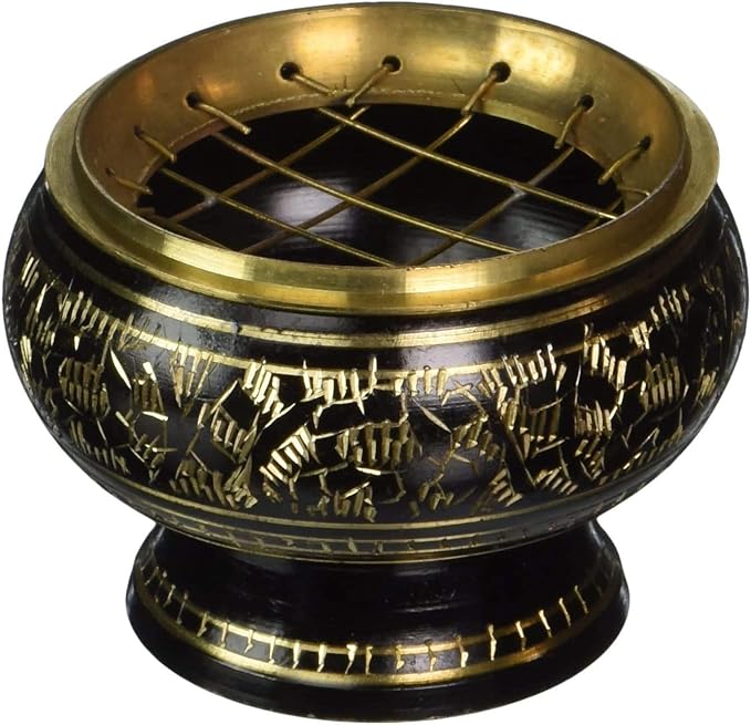 Small Decorated Brass Charcoal Screen Incense Burner With Wooden Coaster (Black)