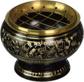 Small Decorated Brass Charcoal Screen Incense Burner With Wooden Coaster (Black)