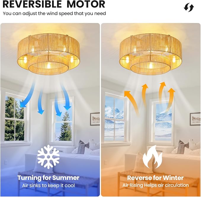 RUIYEY Boho Ceiling Fans with Lights: 20 inch Fandelier Low Profile Ceiling Fans with Remote Control, 5 Blades 6 Speeds DC Reversible E12 5 Light Flush Mount Rattan Ceiling Light Fixtures for Bedroom