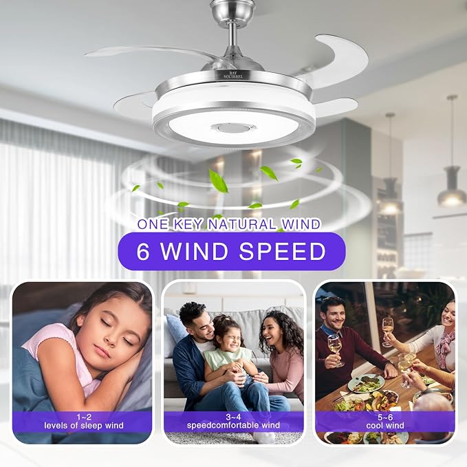 BAYSQUIRREL Retractable Bluetooth Ceiling Fan with Light and Speaker, Flush Mount Ceiling Fans,RGB-LED 6 Speed Reversible Modern Invisible Ceiling Fans,Remote and APP Control