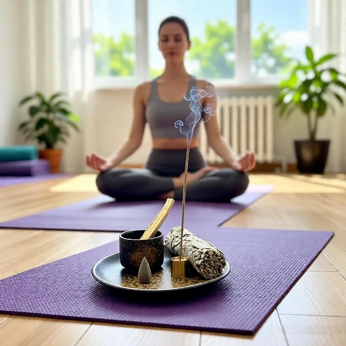 3 in 1 Incense and Candle Holder, Ceramic Palo Santo Burner Sage Burner, Multi Holes Brass Incense Stick Holder, 5.9” Ceramic Ash Catcher Tray, Incense Burner Set for Meditation