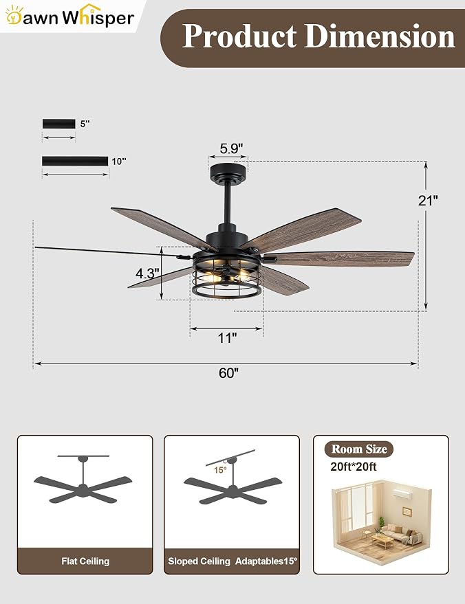 60 Inch Farmhouse Ceiling Fans with Lights Black Caged Rustic Industrial Chandelier Fans for Living Room Bedroom Quiet Reversible DC Motor 6 Speeds 6 Modern-Farmhouse Styles Dual-Finish Blade