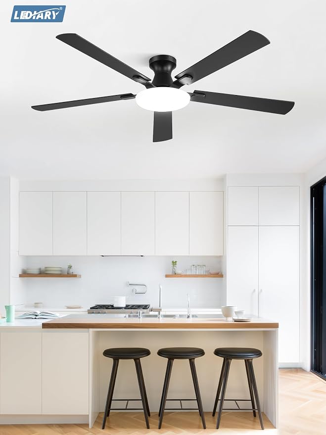 LEDIARY 60 Inch Flush Mount Ceiling Fans with Lights, Remote & APP Control | Bright Light, 3CCT, Memory Function, Timer, Reversible Blades, Quiet DC Motor, Damp-Rated, Living Room, Covered Patio, Adult
