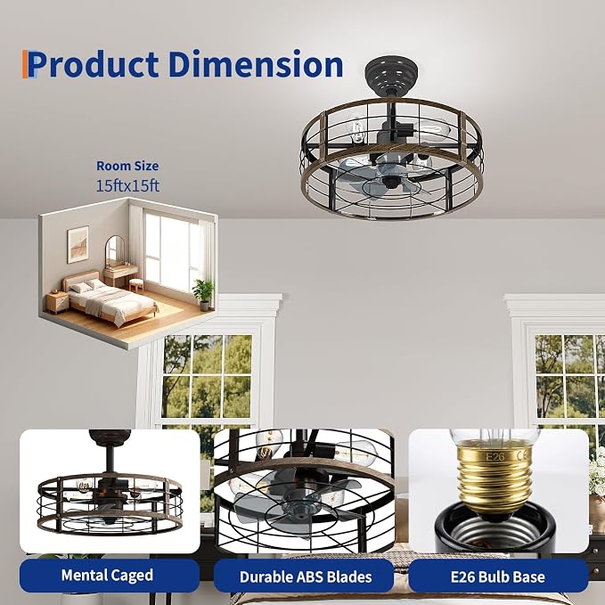 GarveeHome Caged Ceiling Fan 20in with Light, Flush Mount Fan Light Fixture | Metal Cage Flush Mount Ceiling Fan with Light, Remote Control Farmhouse Fan Light for Bedroom