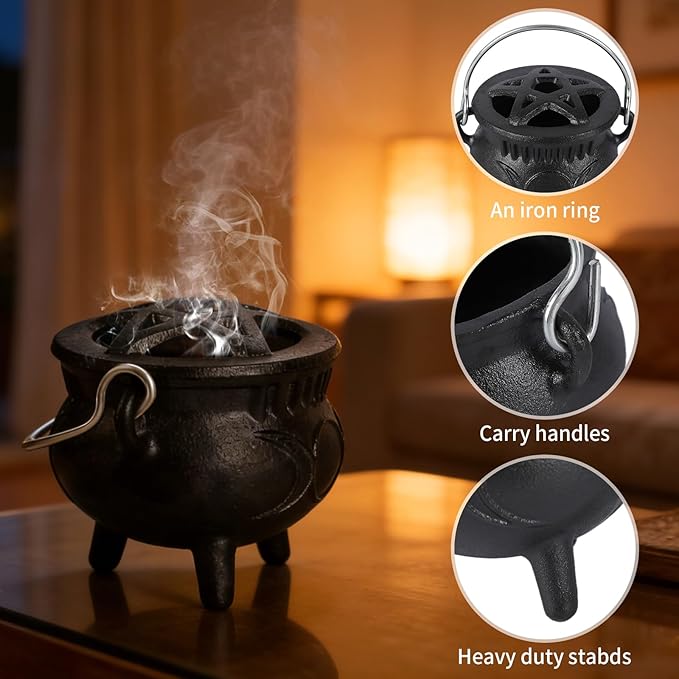 Cast Iron Sacred Incense Holder, Small Three-Legged Cast Iron Pot, Incense Burner, Suitable for Yoga Meditation and Energy Cleansing, Sage Burning, Candle Holder Rituals and Decorations