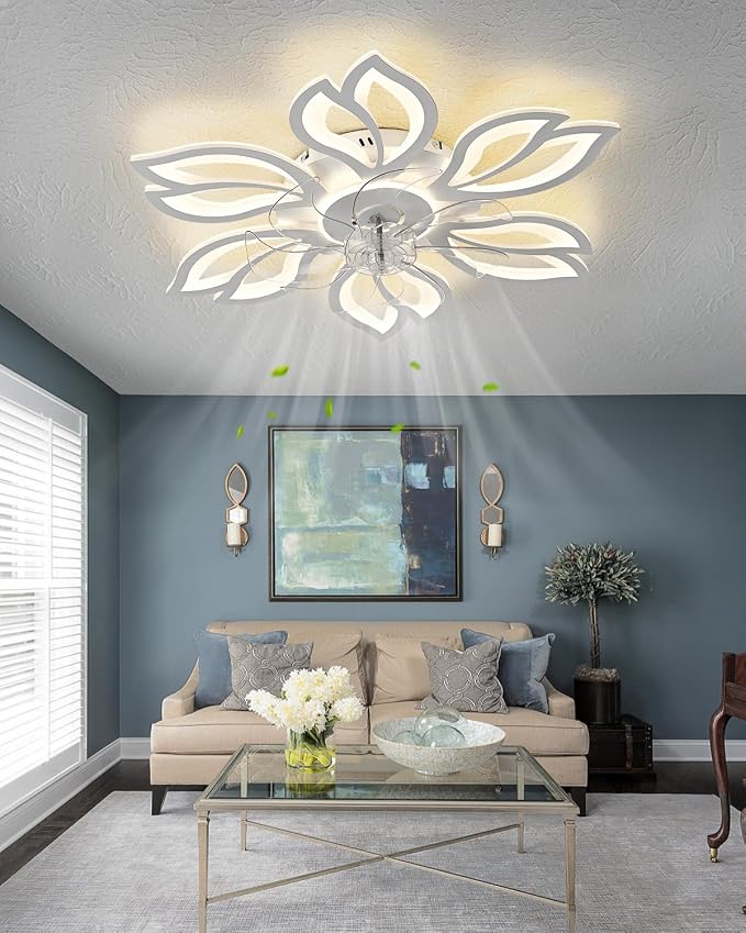Modern Flower Ceiling Fan with Light, 24" Low Profile Flush Mount Fandelier with Remote & APP Control, Dimmable LED Ceiling Fan Lamp for Bedroom Living Room