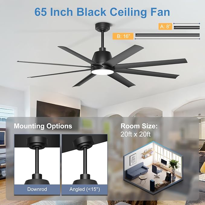 Ceiling Fan with Lights, 65'' Outdoor Ceiling Fan with Remote & APP Control, Dimmable, Black Modern Ceiling Fans for Patio Living Room Garage Shop