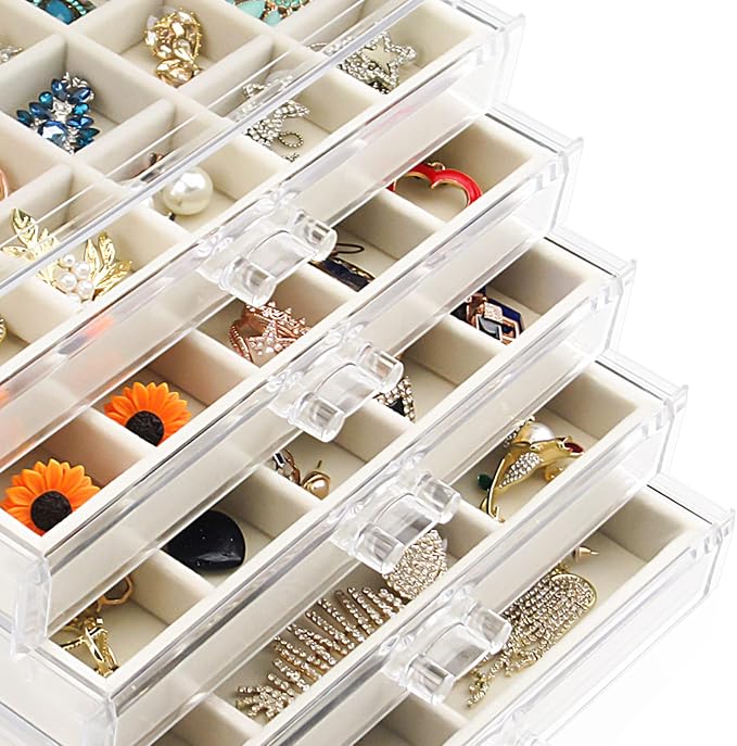 Watpot Acrylic Jewelry Box 5 Drawers Clear Earring Storage Organizer Display Case