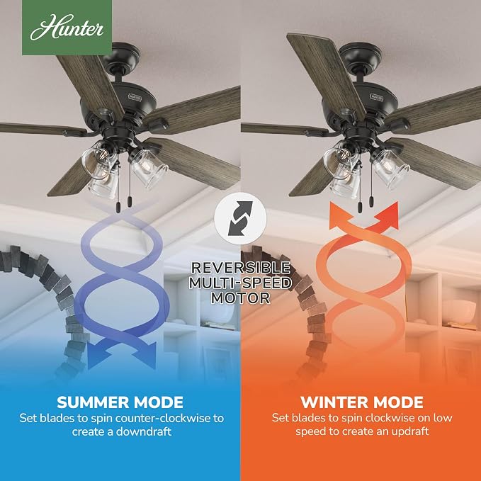 Hunter Rosner, Indoor, Ceiling Fan, Standard Mount, 52 inch, Noble Bronze | with LED Lights and Pull Chain, 5 Blades, For Bedroom, Living Room, Kitchen, 3 inch Downrod, 52345