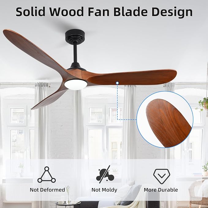 60” Outdoor Ceiling Fan with Light 3 Downrods, Smart Wood Ceiling Fan Compatible with Alexa/Google/App, 3 Blades Modern Walnut Wood Ceiling Fans for Kitchen Living Room Patio