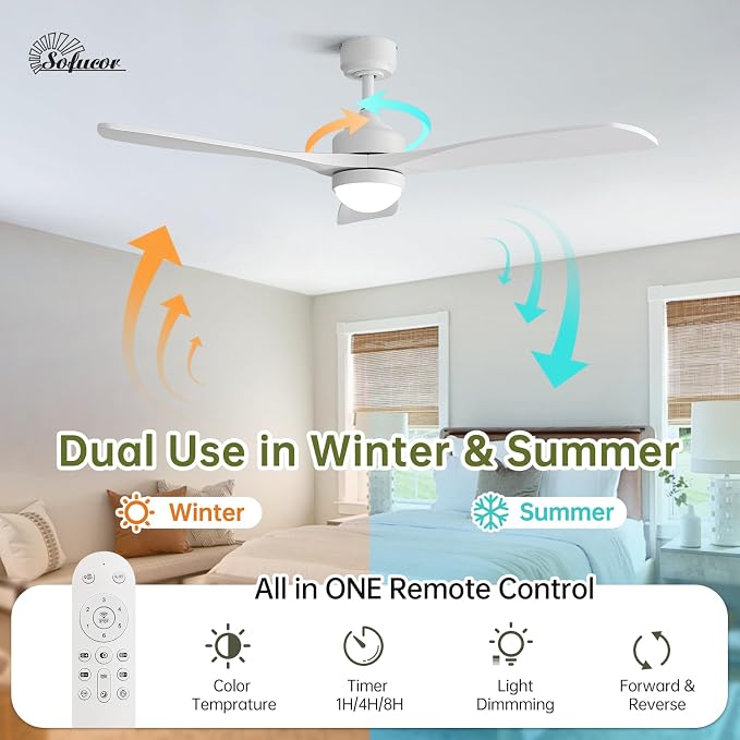 Sofucor 52" Solid Wood Ceiling Fan Lights, Flush Mount & Downrod Mount Ceiling Fan with Lights and Remote, Wood Blades Modern Outdoor Ceiling Fans for Bedroom/Farmhouse/Patio/Indoor