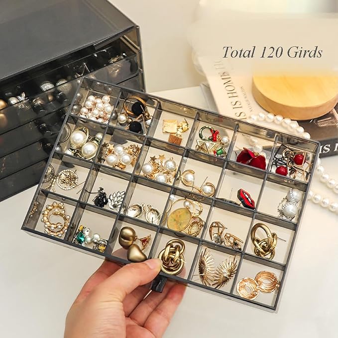 YUFONG Earring Storage Box Organizer, Acrylic Jewelry Storage Box Holder 5 Drawers Transparent Jewelry Display Stand with 120 Small Compartments Gift Boxes for Women Girls (Clear Black)