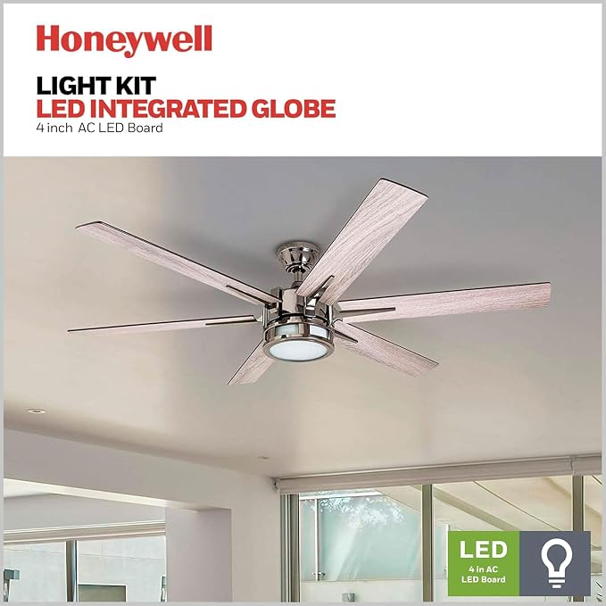 Honeywell Ceiling Fans Kaliza Modern 56 Inch Ceiling Fan with Light, Remote Control Fan, LED Indoor Fan with 6 Blades, Black Pine and Pewter Blade Finish Options, Matte Nickel (51626-01)