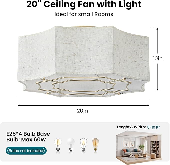Boho Ceiling Fan with Light, 20'' Flush Mount Caged Ceiling Fan with Light Remote Control, Linen Fabric Low Profile Fandelier with 6 Speeds for Bedroom, Living Room