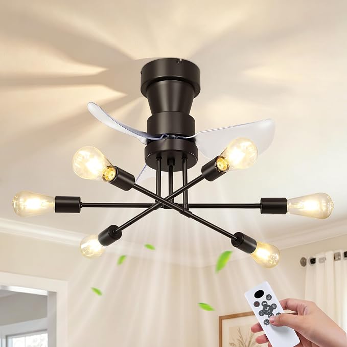 VbiTmn 21.2 Inch Flush Mount Sputnik Ceiling Fan with Lights, 6-Light Black Modern Fandelier, Low Profile Quiet DC Reversible, 6 Speed Remote Control, E26 Base for Bedroom Dining Room