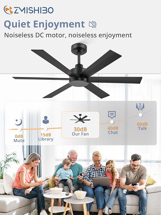 ZMISHIBO 48 Inch Ceiling Fan No Light, Black Ceiling Fan Without Light, 6 Blades, Quiet Reversible DC Motor, 6-Speeds, Modern Ceiling Fan for Living Room, Bedroom, Patio, Indoor/Outdoor Use