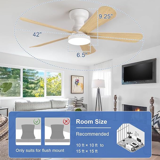 Depuley Small Ceiling Fan with Lights: 42-Inch Flush Mount Fan with Light and Remote - Low Profile Ceiling Fans Reversible Quiet DC Motor for Bedroom Living Room Indoor Outdoor, Wood Color