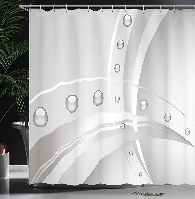 Ambesonne Abstract Shower Curtain, Surreal Composition Lines Curves and Vivid Bubble Like Balls Print, Cloth Fabric Bathroom Decor Set with Hooks, 69" W x 70" L, Dimgray Grey White