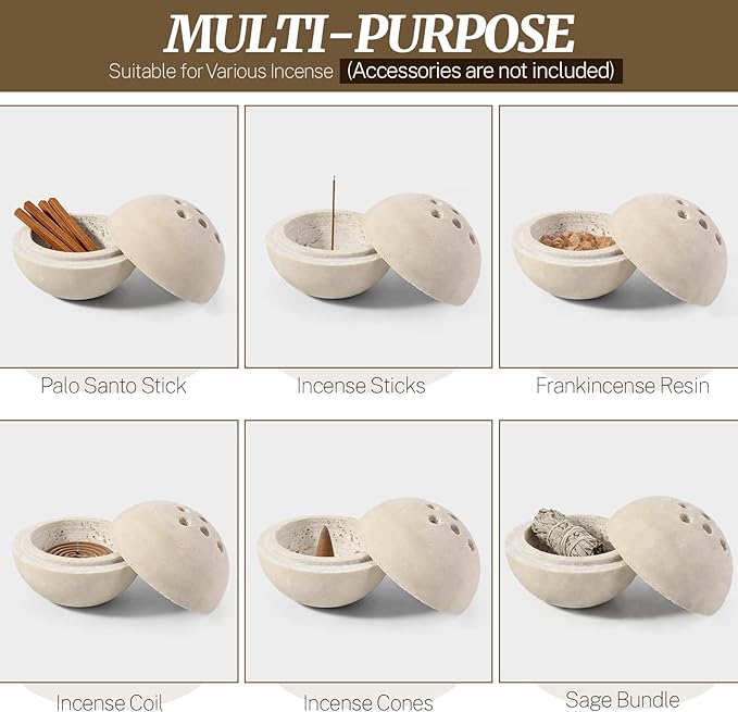 Natural Travertine Incense Burner – 4” Handmade Stone Incense Cone Holder, Minimalist Sphere Incense Burner for Home Decor, Meditation, Yoga, Spa, Relaxation (Beige)