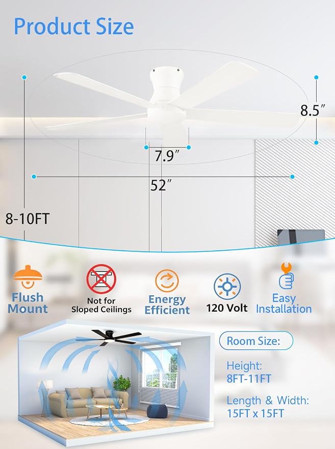 Carrefour 48 Inch White Ceiling Fan No Light, Flush Mount Low Profile Ceiling Fans, Reversible DC Motor 6-Speed Outdoor Ceiling Fan Without Light for Farmhouse Bedroom Covered Patio