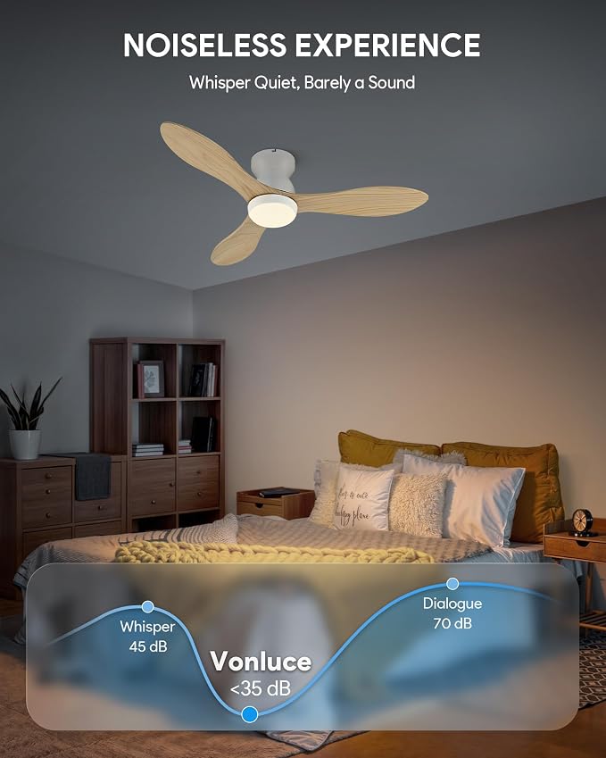 VONLUCE Wood Ceiling Fan with Lights, 42 Inch Flush Mount Ceiling Fan and Remote, 6-Speeds Quiet Reversible DC Motor, 3CCT, Natural Wood 3 Blades Outdoor Ceiling Fan for Patios Farmhouse, White