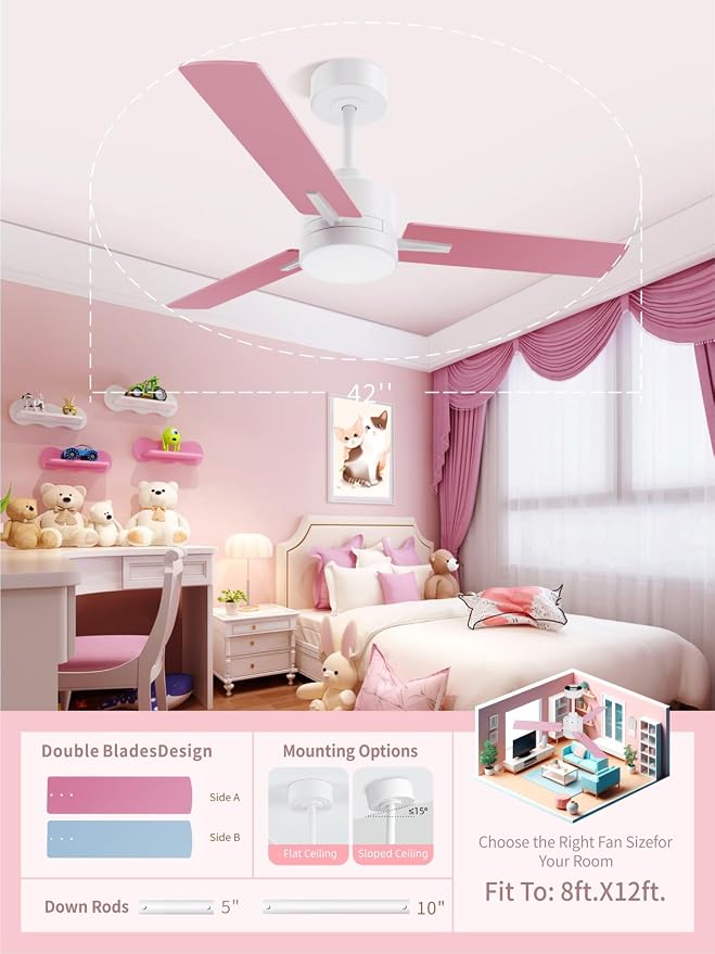 LANMEL 42'' Ceiling Fan with Lights and Remote, Pink Blue Ceiling Light for Kids Room, Modern Ceiling Fan for Boys Girls, 6 Speed, Reversible, 3000k-6000k LED, Quiet DC Motor for Indoor Outdoor