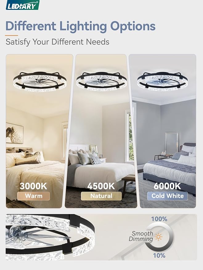 LEDIARY 24 Inch Low Profile Ceiling Fans with Lights and Remote, Flush Mount Fandelier Ceiling Fan, 3000K-6000K Dimmable LED Fan Light, Black Modern Ceiling Fans with Lights for Bedroom