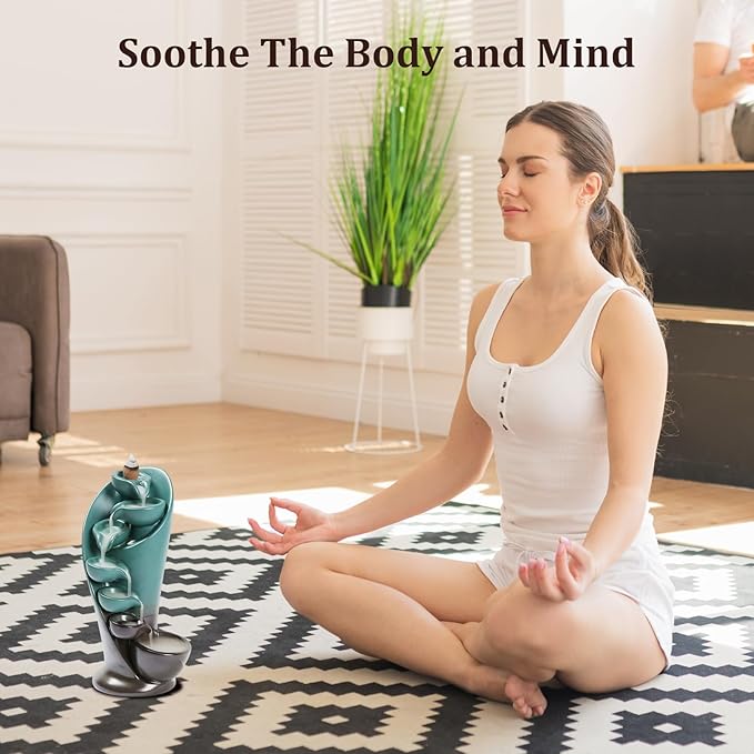 YYW Backflow Incense Burner Holder Handmade Statue Decor Fountain Waterfall Incense Holder with 20 Backflow Incense Cones 30 Incense Sticks 1 Tweezer 1 Mat for Indoor Meditation Yoga (Green)