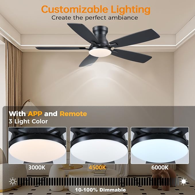 JSAITEE 46 Inch Low Profile Flush Mount Ceiling Fan with Lights, Black | 46" Ceiling Fan with 5 Dual-Sided Blades and 6 Speeds 3CCT Dimmable, Modern Indoor Fan Light Fixtures for Bedroom, Kitchen