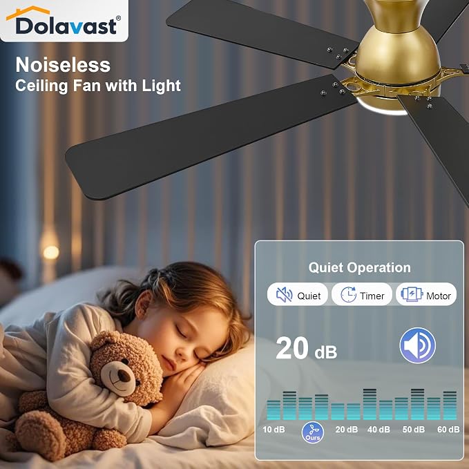 Ceiling Fans with Lights, 52 Inch Low Profile Ceiling Fan with Light and Remote Control, Flush Mount, Reversible, 3CCT, Dimmable LED, Quiet, Gold Ceiling Fan for Bedroom, Living Room