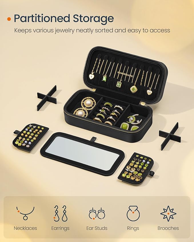 SONGMICS HOME Travel Jewelry Case with Mirror, Stitching, Portable | Jewelry box organizer, 4.1 x 8 x 2.4 Inches, Gift Idea, Ink Black, UJBC180B01