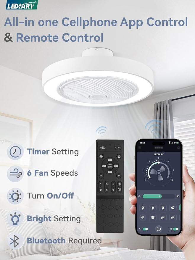 LEDIARY 22in Enclosed Ceiling Fan with Light and Remote, White Modern Bladeless Ceiling Fan with Bright Light, Led Flush Mount Ceiling Fans for Bedroom, Living Room, Kid Room(6 Speeds, 3000-6000K)