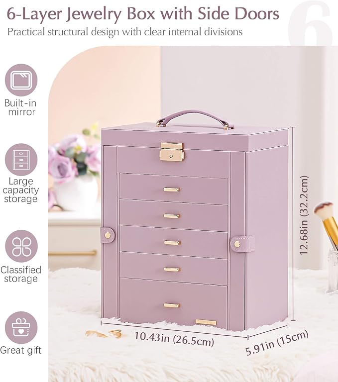 Homde Jewelry Box Large for Women: 6 Layers 5 Drawers Organizer with Mirror for Ring Earring Necklace - Storage Holder with Lock for Dresser (Gray Purple)