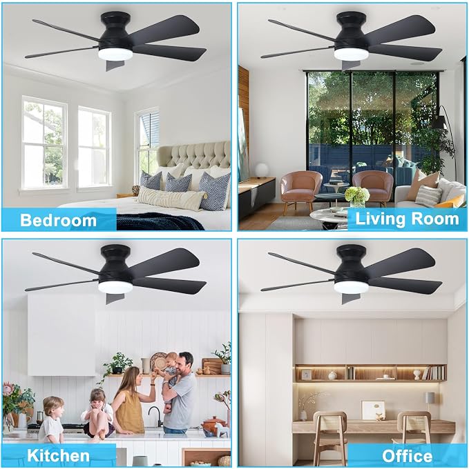Depuley Modern Ceiling Fan with Light: 42-Inch Black Small Fans for Bedroom Indoor Outdoor - Dimmable Low Profile Ceiling Fans with Remote Control Flush Mount 5 Reversible Black Blades 6 Speeds Timer