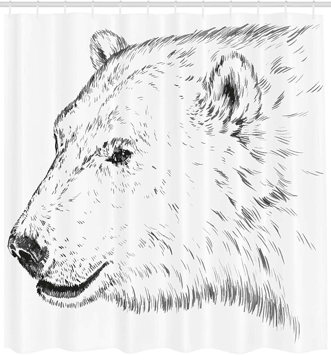 Ambesonne Animal Shower Curtain, Polar Bear Profile Engraved Ink Drawing Grizzly Furry Wildlife in North Zoo, Cloth Fabric Bathroom Decor Set with Hooks, 69" W x 84" L, Charcoal Grey White