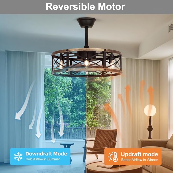 SHLUCE 22" Caged Farmhouse Ceiling Fan with Light, 6 Speeds, Rustic Fandelier Enclosed Ceiling Fans with Lights and Remote, Modern Bladeless Ceiling Fan with Light for Living Room, Bedroom - ETL