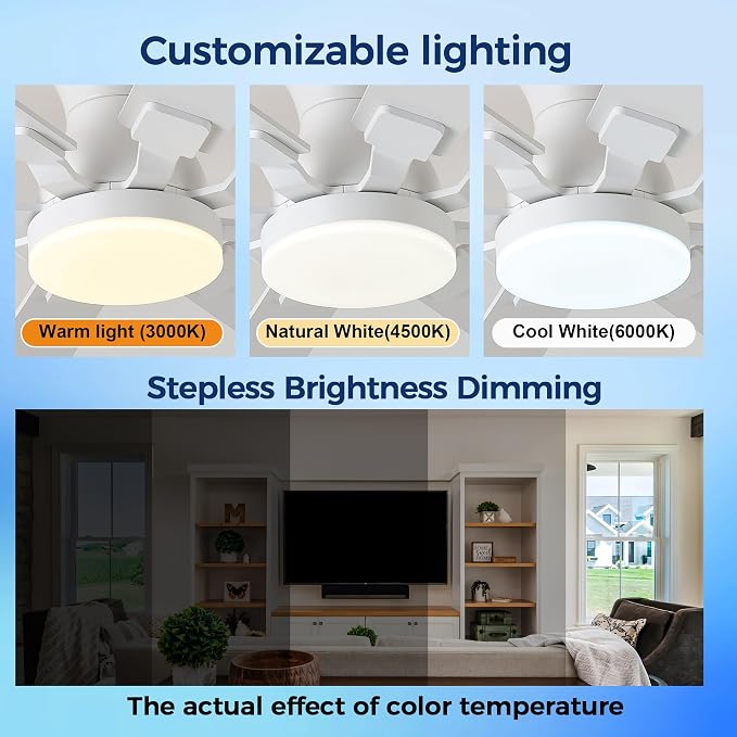 JSAITEE 52Inch Ceiling Fan with Lights, Low Profile Flush Mount, White | Ceiling Fans,DC Reversible Motor Noiseless, 3CCT Dimmable, Dual Finish, 6 Speeds Ceiling Fan for Indoor/Outdoor