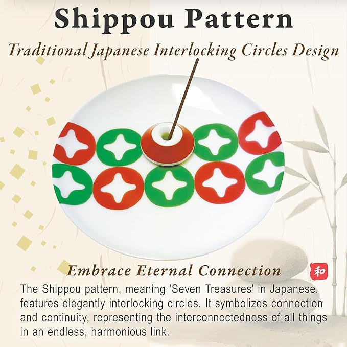 Japanese Arita Ware Incense Plate with Holder - 3.15x0.79 inches, Traditional Wamono Design, Porcelain 小紋柄香皿 (Interlocking Circles Pattern)