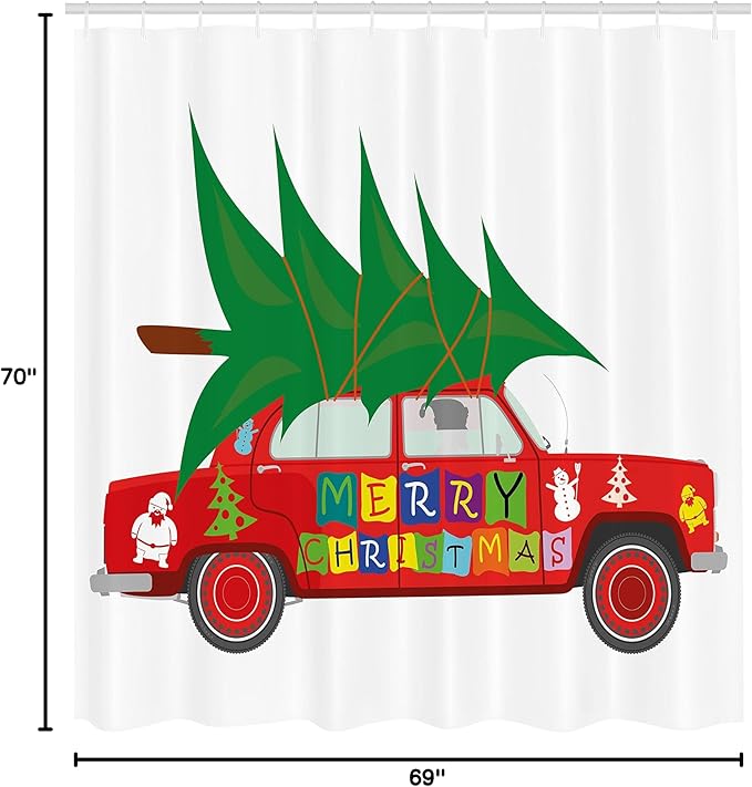 Ambesonne Christmas Shower Curtain, Red Vintage Car Xmas Tree Merry Celebration Words and Snowman Elf, Cloth Fabric Bathroom Decor Set with Hooks, 69" W x 70" L, Red Green