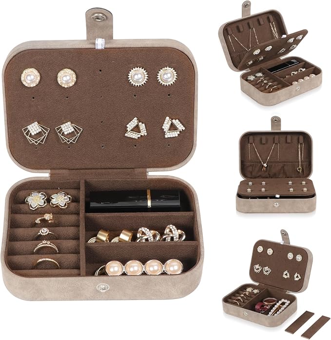 Hatori Travel Jewelry Box, PU Leather Small Jewelry Organizer for Women Girls, Double Layer Portable Mini Travel Case Display Storage Holder Boxes for Stud Earrings, Rings (Brown)