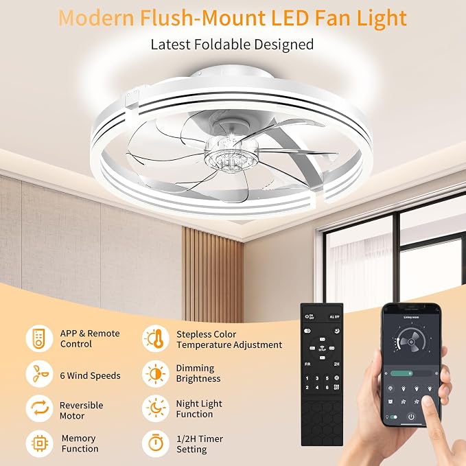 Ceiling Fans with Lights and Remote, 20" Low Profile Flush Mount Ceiling Fan, 3000-6500K Dimmable LED Fandelier, 6 Quiet Speeds for Bedroom