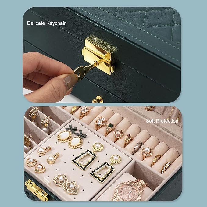 GUOER Jewelry Box for Women Girl Wife - Large PU Leather Jewelry Organizer Storage Case with Two Layers Display for Earrings Bracelets Rings Watches (Green) | Vintage Quilting Stitching PU Leather, Earrings Bracelets Rings Necklace Watches Storage Larg...