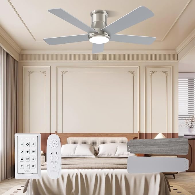 42 Inch Low Profile Ceiling Fan with Light, Burshed Nickel Ceiling Fans with Lights and Remote, Flush Mount, 6 Speeds Quiet DC, 3CCT Dimmable, Indoor Outdoor Ceiling Fans for Patios Bedroom