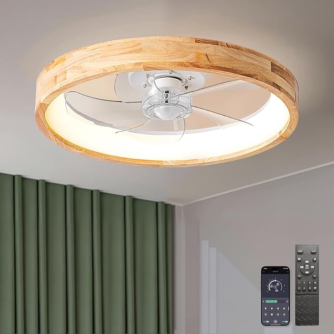 Low Profile Ceiling Fan with Light and Remote Control, 20 Inch Small Flush Mount Wood Fan Light, Modern Smart Dimmable Quiet LED Fan Light for Bedroom Living Room