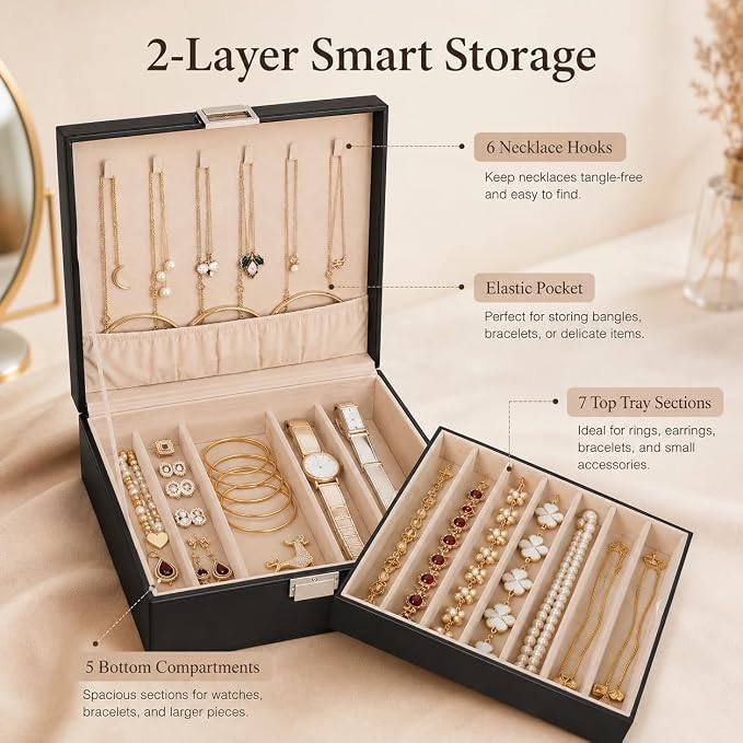 BEWISHOME Jewelry Box for Women, 2 Layer Jewelry Organizer Storage Case with Necklace Holder, Leather Jewelry Organizer Box for Earrings Rings Bracelets, Large Jewelry Storage Box (Black SSH31B)
