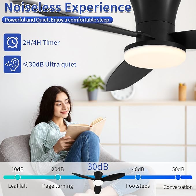40 inch Ceiling Fan with Lights, Flush Mount with Remote Control | 3 Blades, 6 Speeds, Reversible Quiet DC Motor, Dimmable, 3000-6000K Adjustable, Timer, for Bedroom Dining Room Home Office