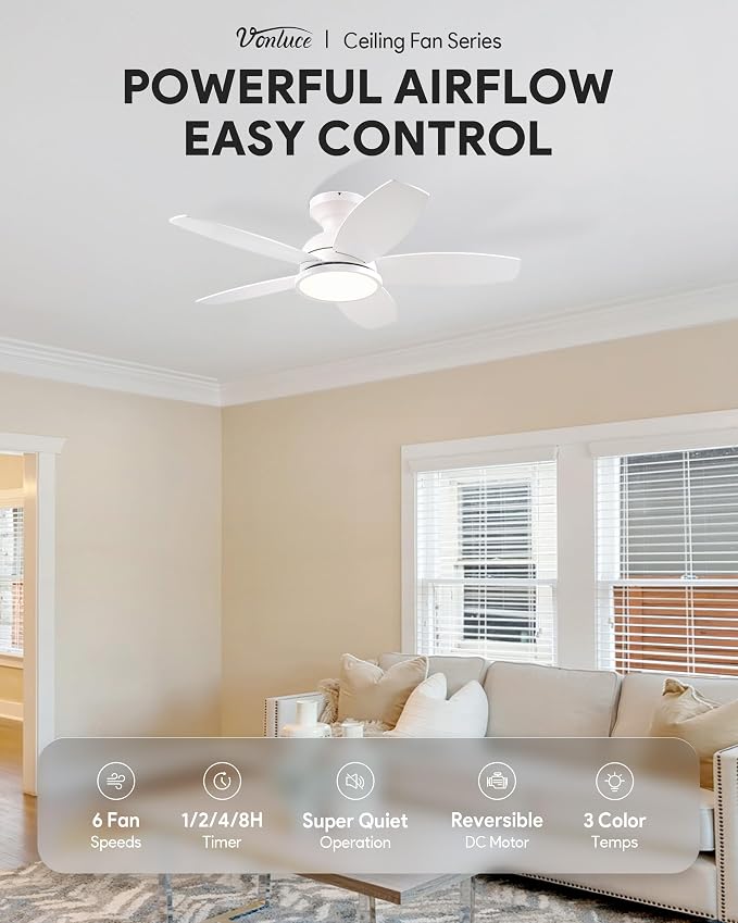 VONLUCE Ceiling Fans with Lights, 36 Inch Ceiling Fan and Remote, Full-spectrum LED Light, 3CCT, 6-Speeds Noiseless Reversible DC Motor, Modern Ceiling Fan for Bedroom Living Room Farmhouse, White