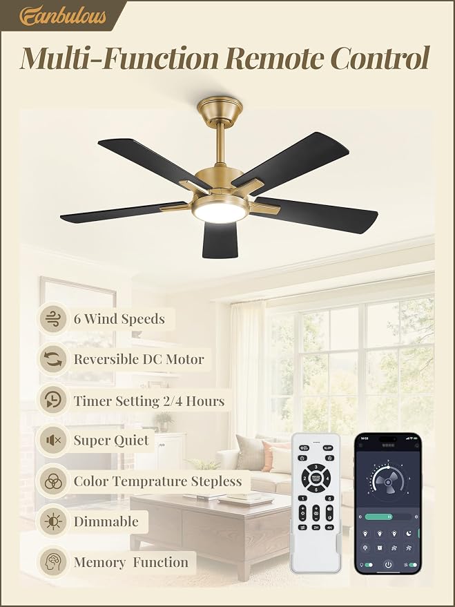 Fanbulous 42 Inch Black and Gold Ceiling Fans with Lights and Remote, Stepless Color Temperature Change & Dimmable 20W LED Ceiling Fan, 6 Speeds Reversible Quiet DC Motor for Bedroom, Living Room