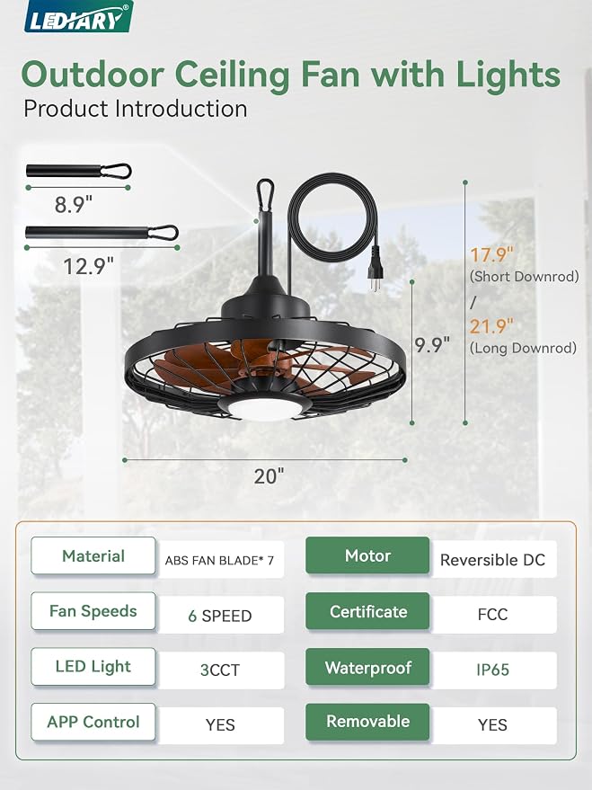 LEDIARY 20" Outdoor Ceiling Fan with Lights,IP65 Waterproof Gazebo Hanging Fan with Remote Control Smart App, Plug in Caged Ceiling Fan with 3CCT 6-Speeds for Patio Porch Pergola(Walnut)